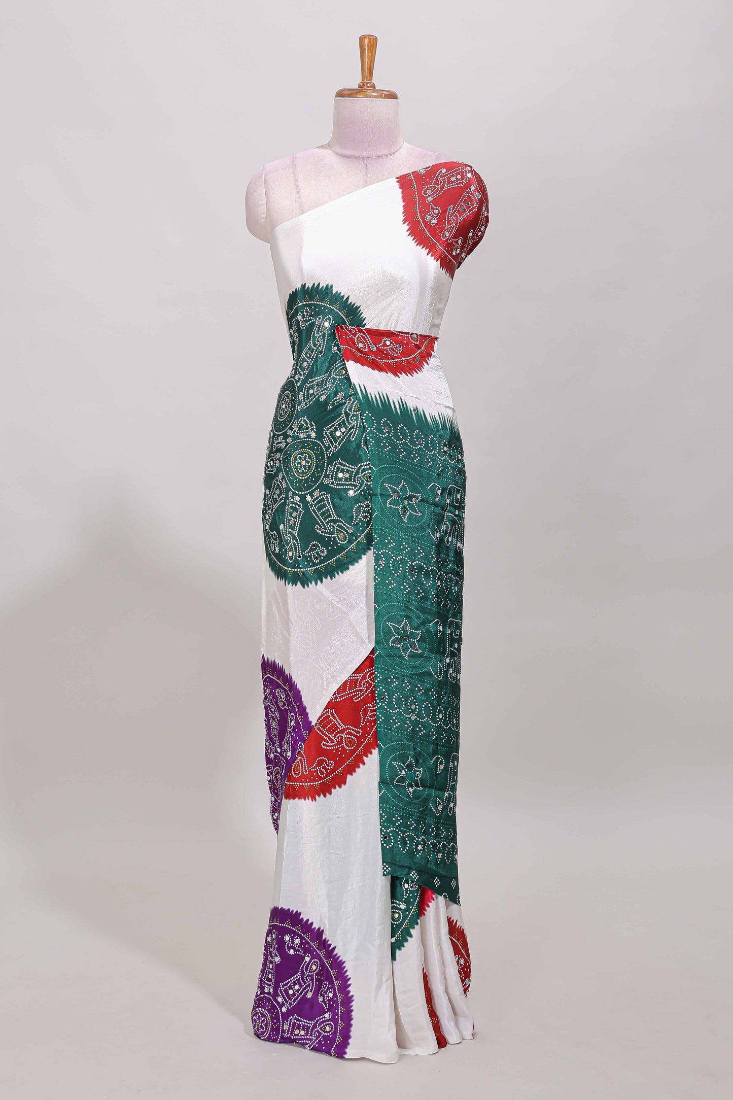 Borderless white bandhani style mirror work masakali saree with multicolor design and contrast blouse