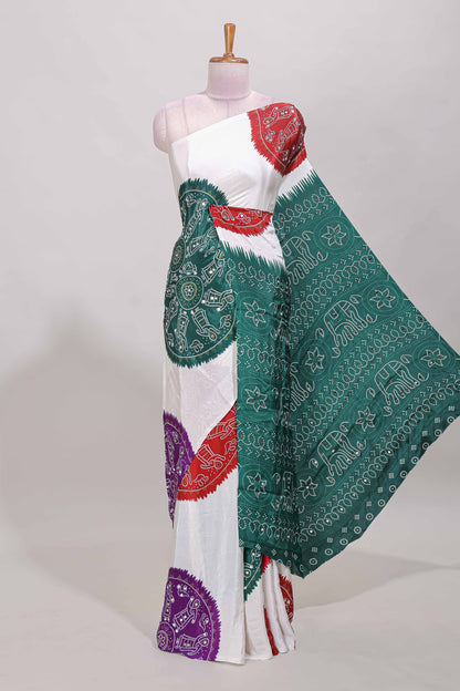 Borderless white bandhani style mirror work masakali saree with multicolor design and contrast blouse