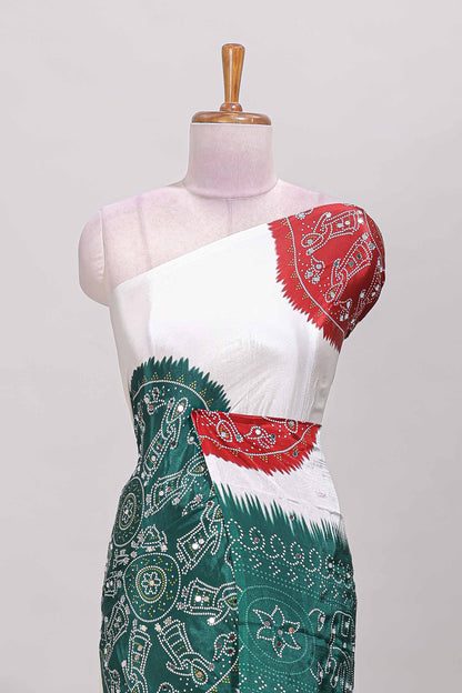 Borderless white bandhani style mirror work masakali saree with multicolor design and contrast blouse