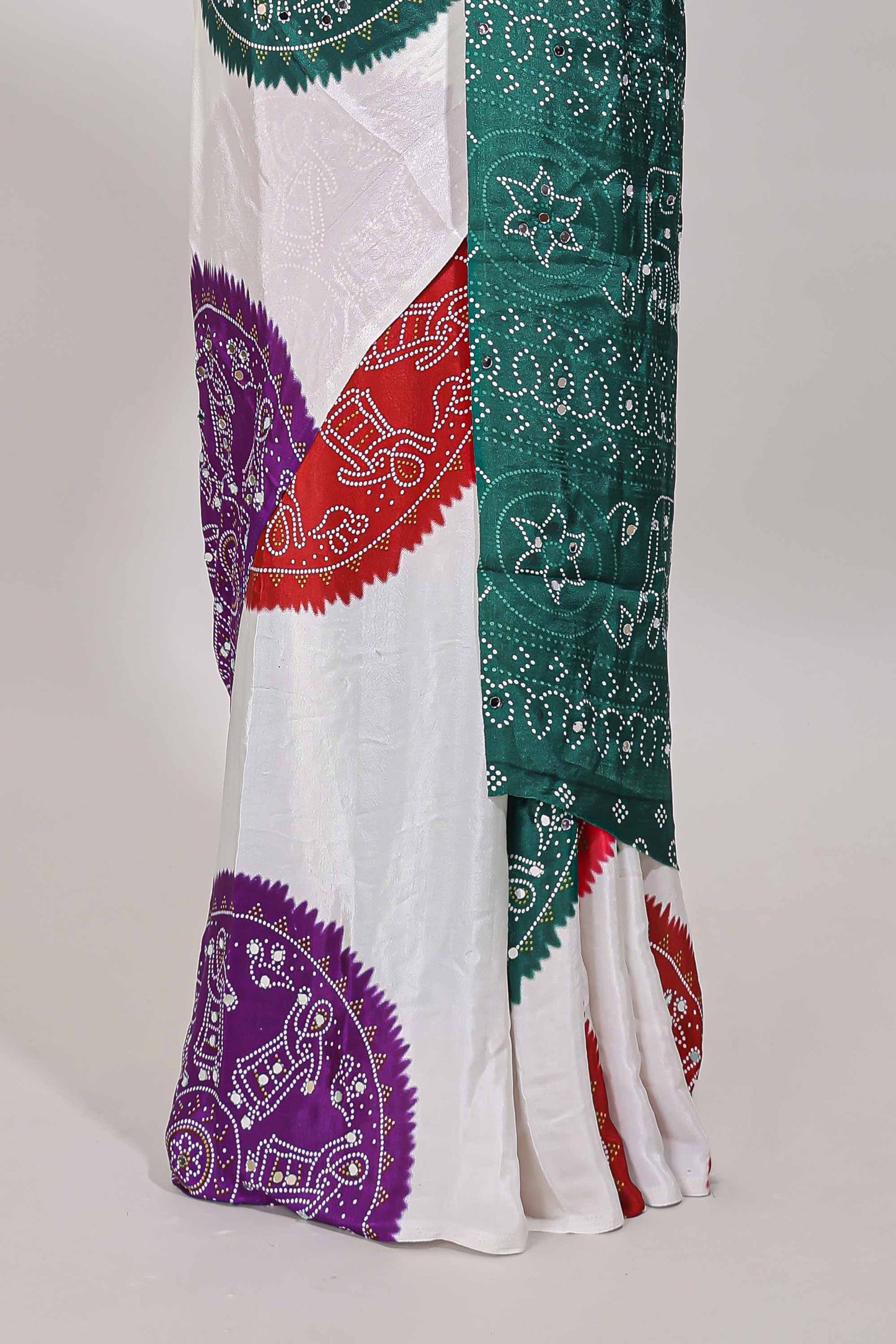 Borderless white bandhani style mirror work masakali saree with multicolor design and contrast blouse