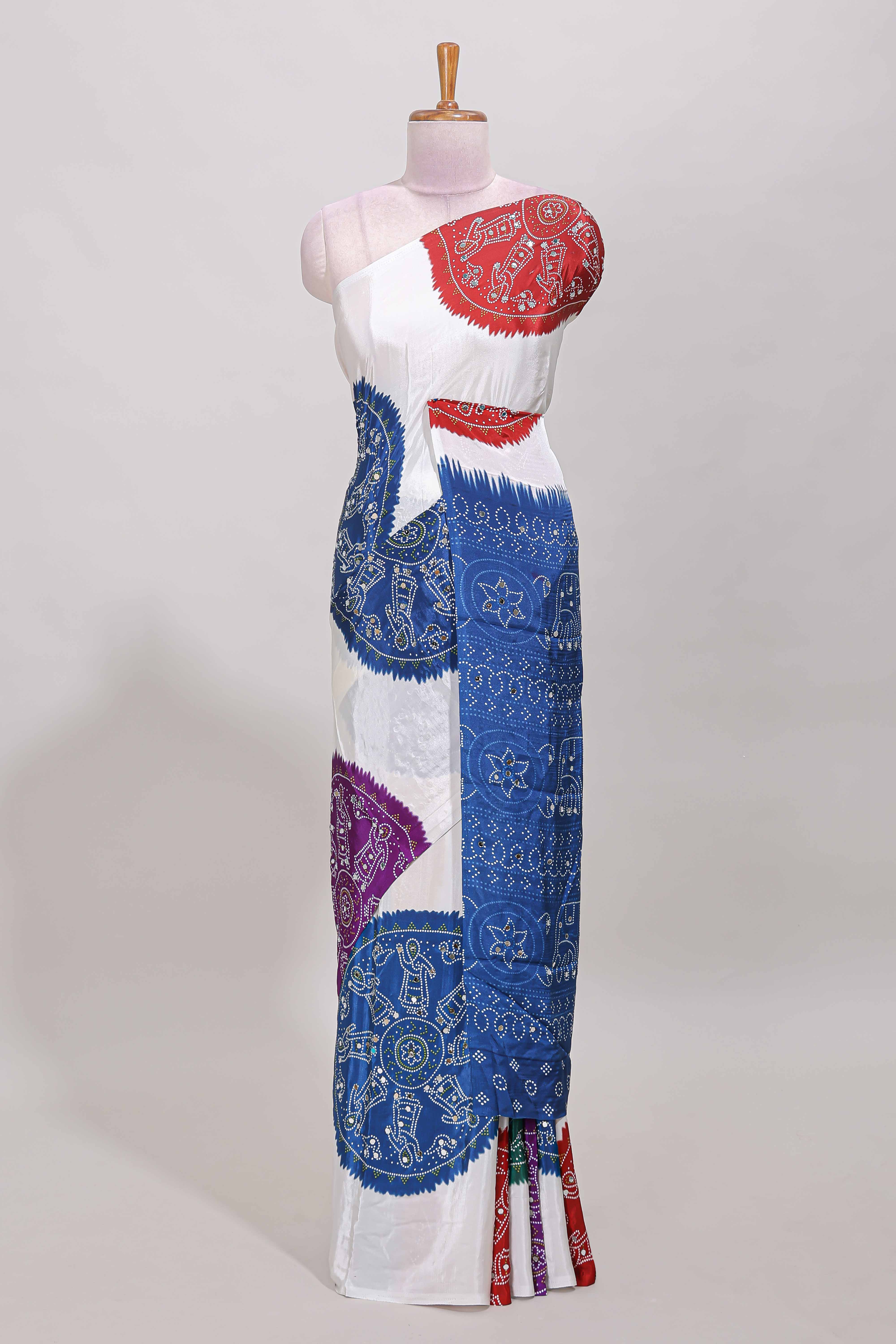 Borderless white bandhani style mirror work masakali saree with multicolor design and contrast blouse