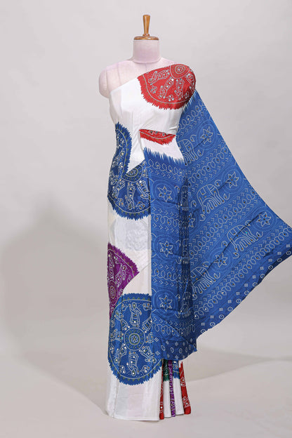 Borderless white bandhani style mirror work masakali saree with multicolor design and contrast blouse