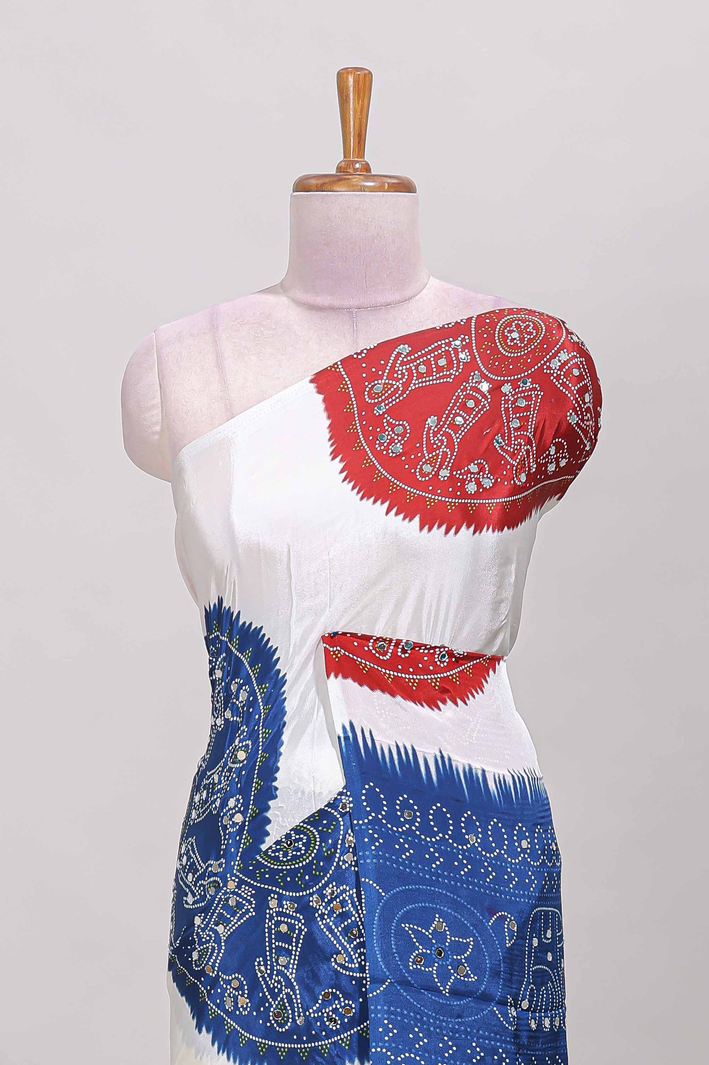 Borderless white bandhani style mirror work masakali saree with multicolor design and contrast blouse