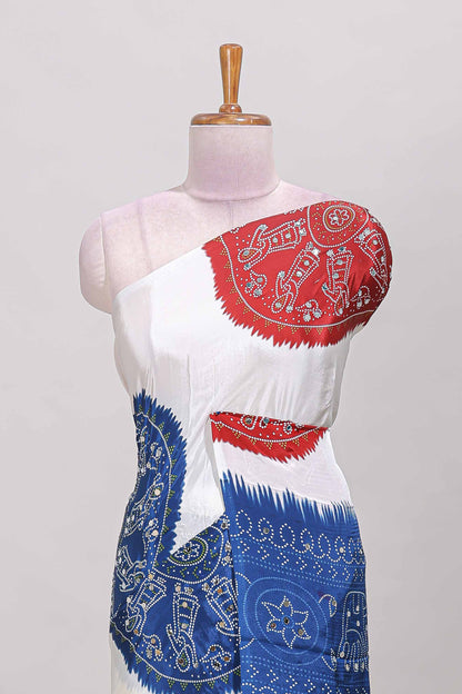 Borderless white bandhani style mirror work masakali saree with multicolor design and contrast blouse