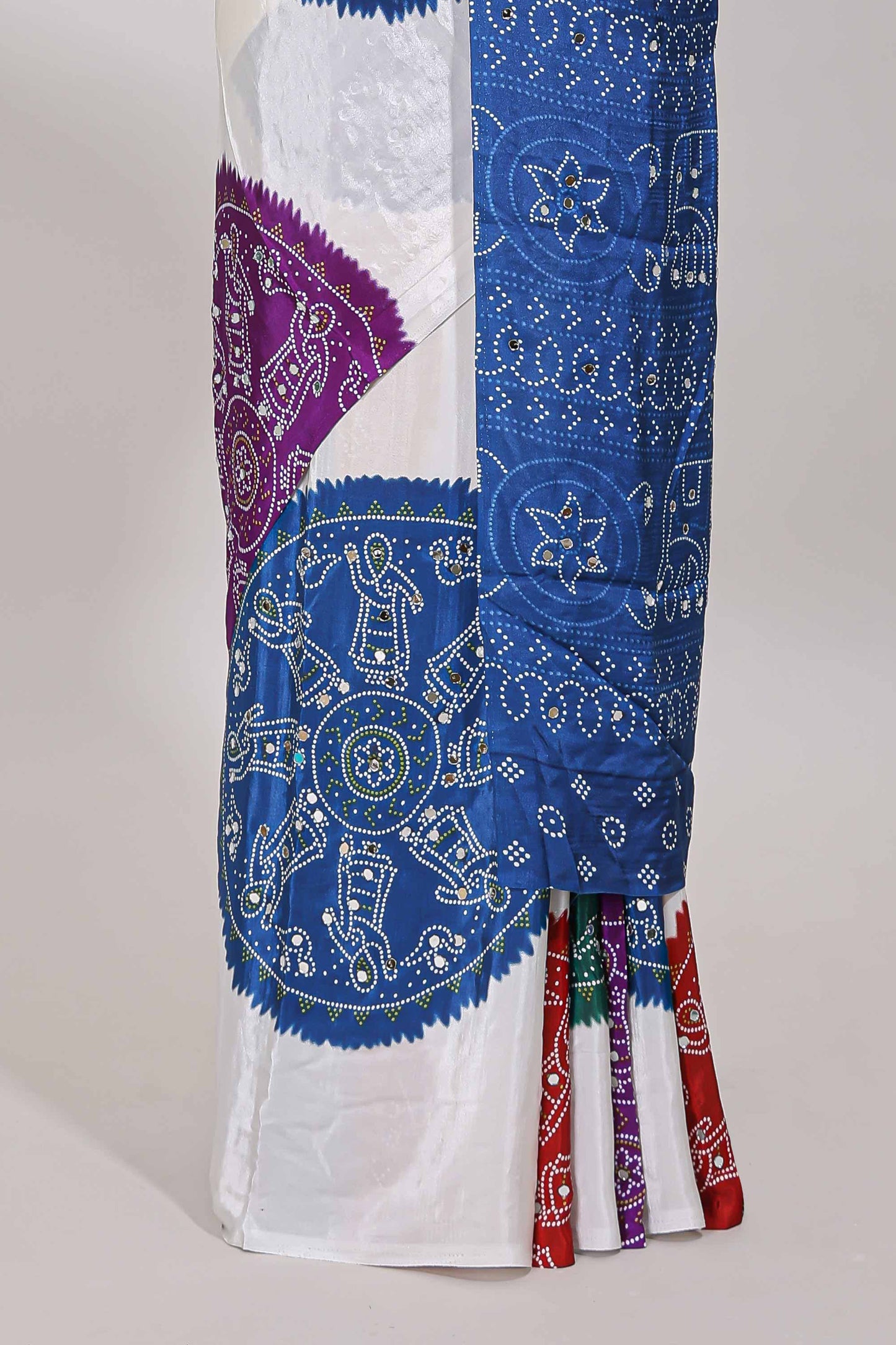 Borderless white bandhani style mirror work masakali saree with multicolor design and contrast blouse