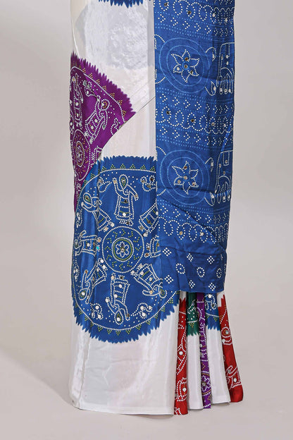 Borderless white bandhani style mirror work masakali saree with multicolor design and contrast blouse