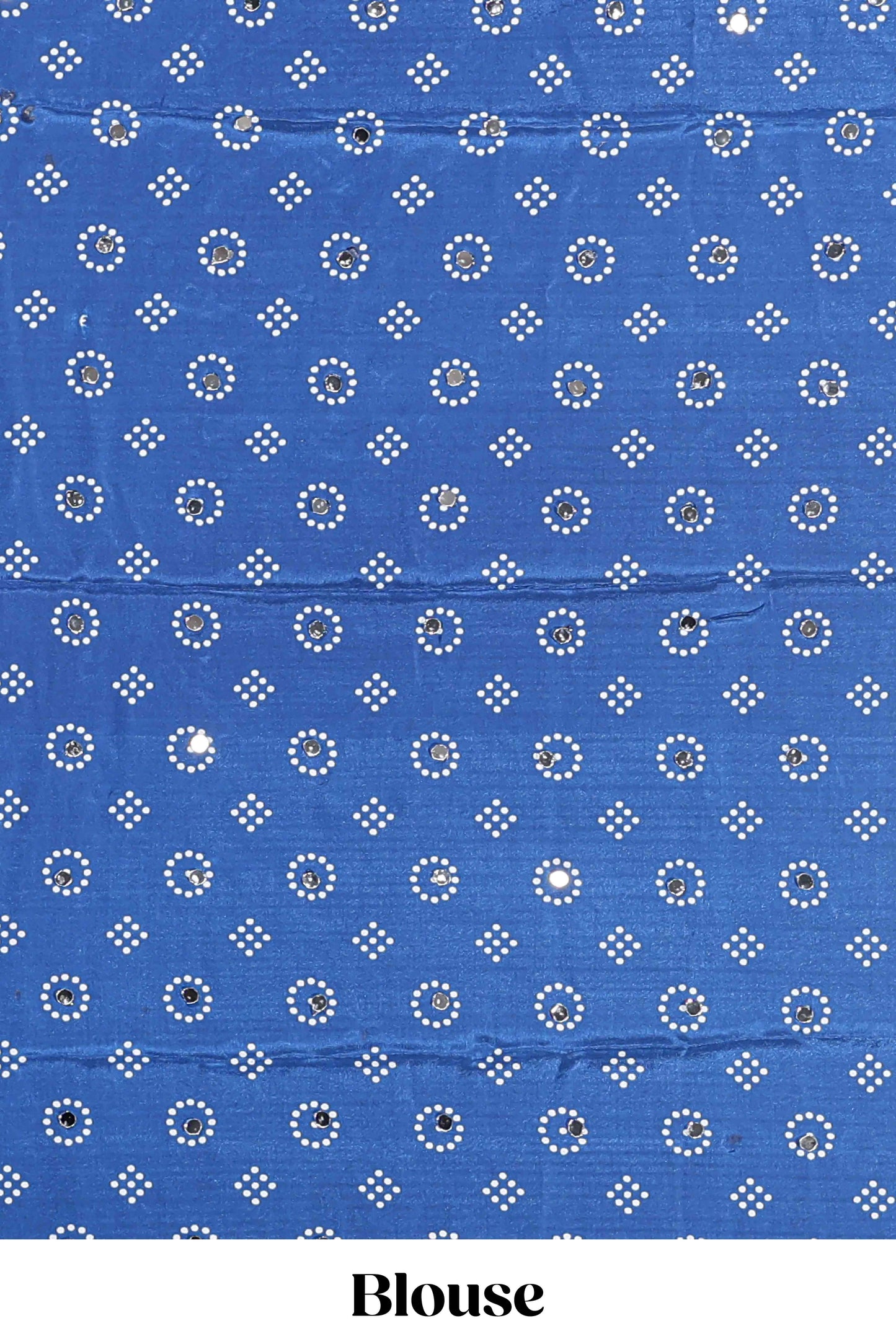 Borderless white bandhani style mirror work masakali saree with multicolor design and contrast blouse