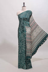 Borderless green floral design georgette saree with printed pallu and matching blouse