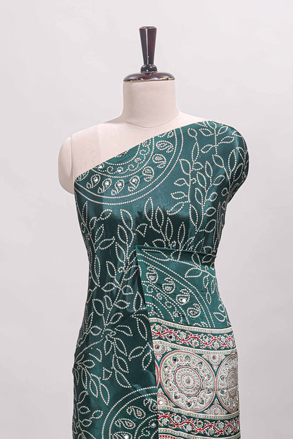 Borderless green floral design georgette saree with printed pallu and matching blouse