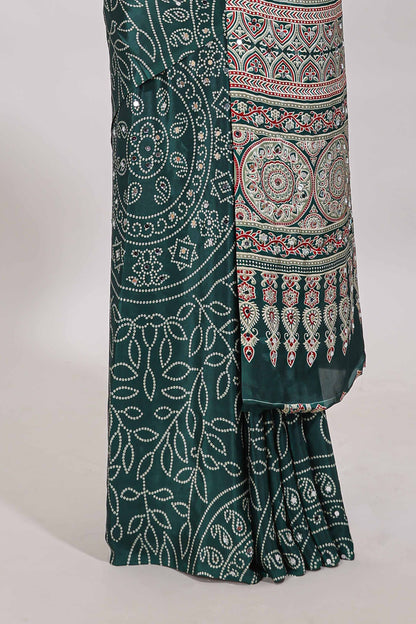 Borderless green floral design georgette saree with printed pallu and matching blouse