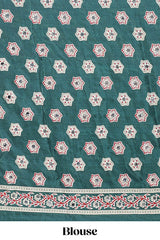 Borderless green floral design georgette saree with printed pallu and matching blouse