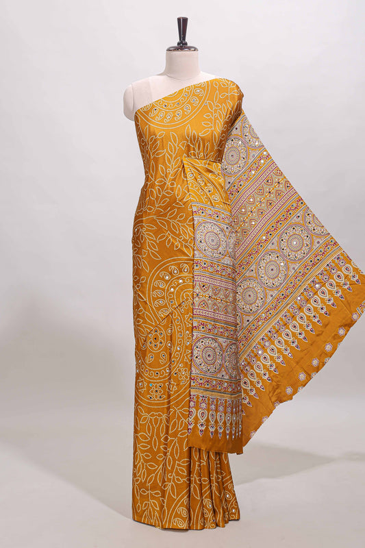 Borderless mustard floral design georgette saree with printed pallu and matching blouse