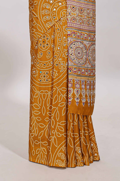 Borderless mustard floral design georgette saree with printed pallu and matching blouse