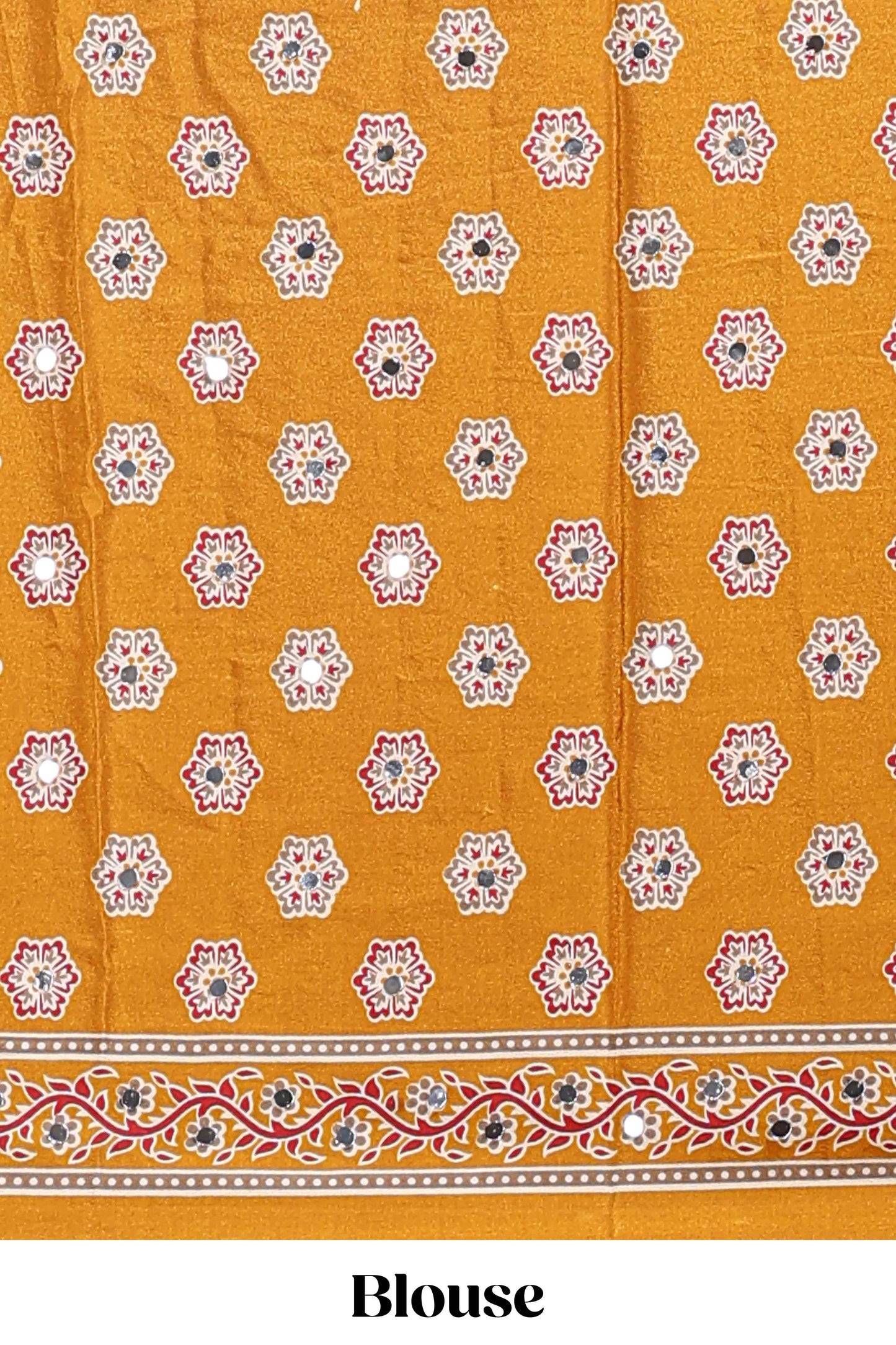 Borderless mustard floral design georgette saree with printed pallu and matching blouse