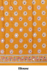 Borderless mustard floral design georgette saree with printed pallu and matching blouse