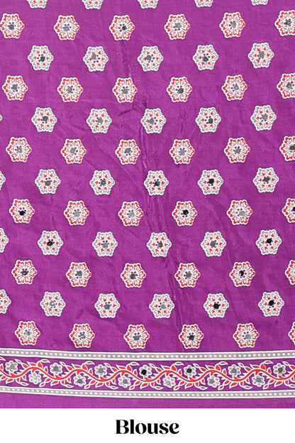 Borderless violet floral design georgette saree with printed pallu and matching blouse