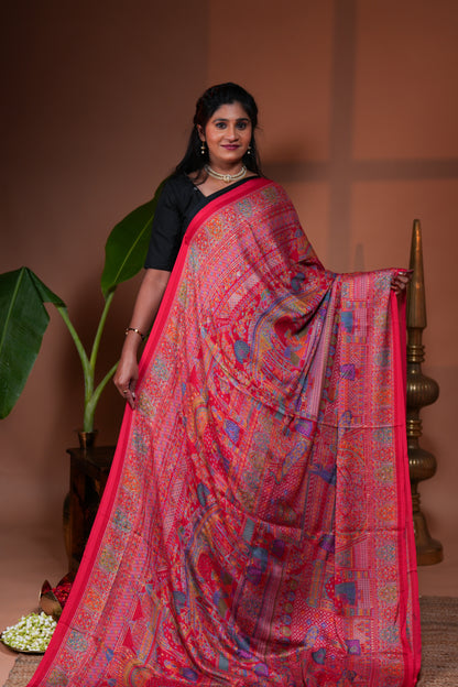 Pink mughal style foil print georgette saree with self border and matching floral printed blouse