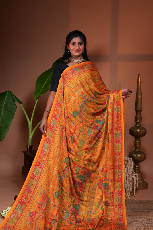 Orange mughal style foil print georgette saree with self border and matching floral printed blouse