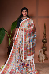 Cream mughal style foil print georgette saree with self border and matching floral printed blouse