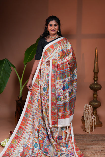 Cream mughal style foil print georgette saree with self border and matching floral printed blouse