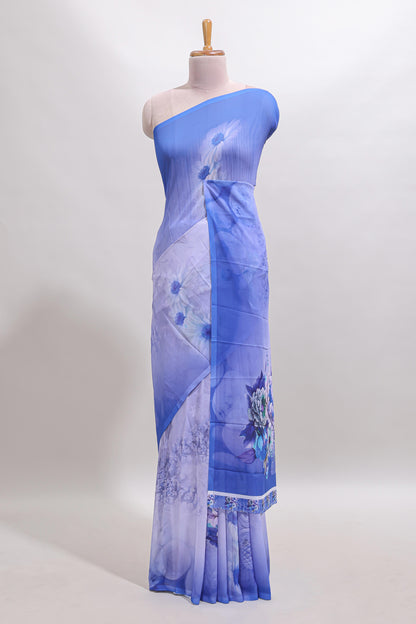 Borderless blue floral design georgette saree with matching printed blouse