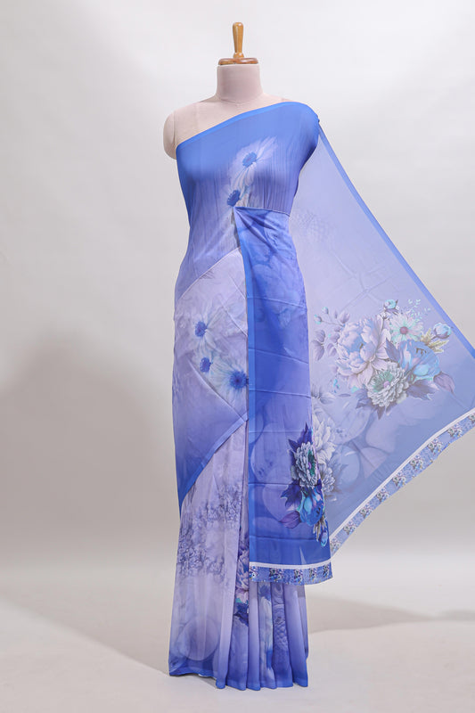 Borderless blue floral design georgette saree with matching printed blouse