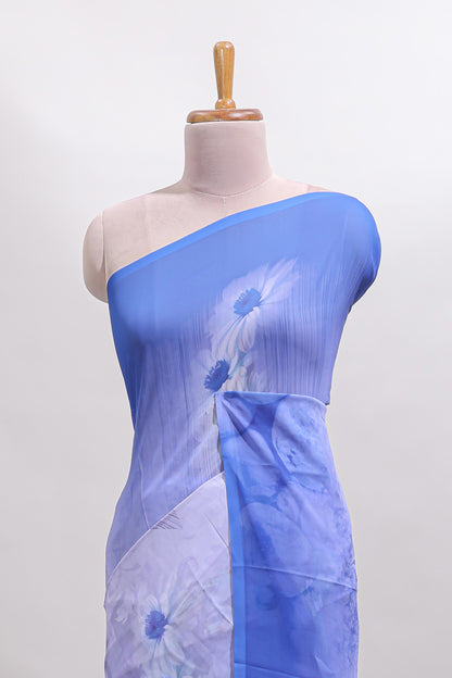 Borderless blue floral design georgette saree with matching printed blouse