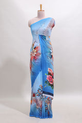 Borderless blue digital floral design georgette saree with matching printed blouse