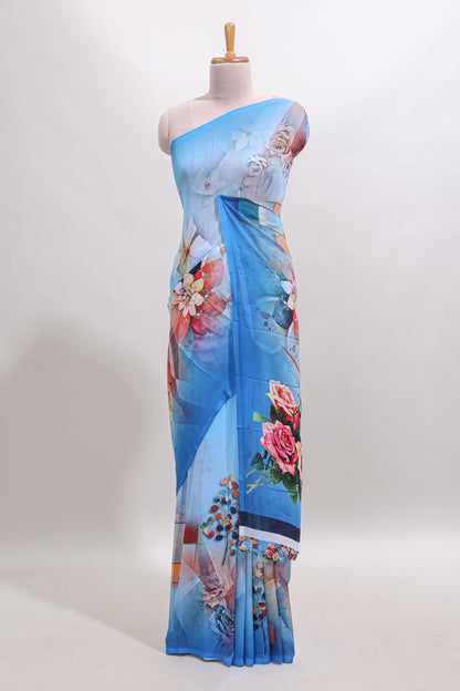 Borderless blue digital floral design georgette saree with matching printed blouse