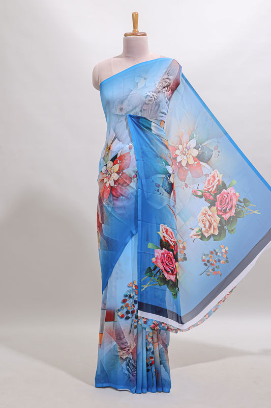 Borderless blue digital floral design georgette saree with matching printed blouse