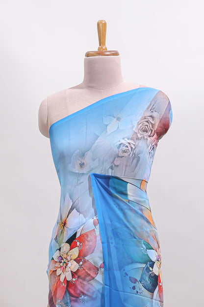 Borderless blue digital floral design georgette saree with matching printed blouse