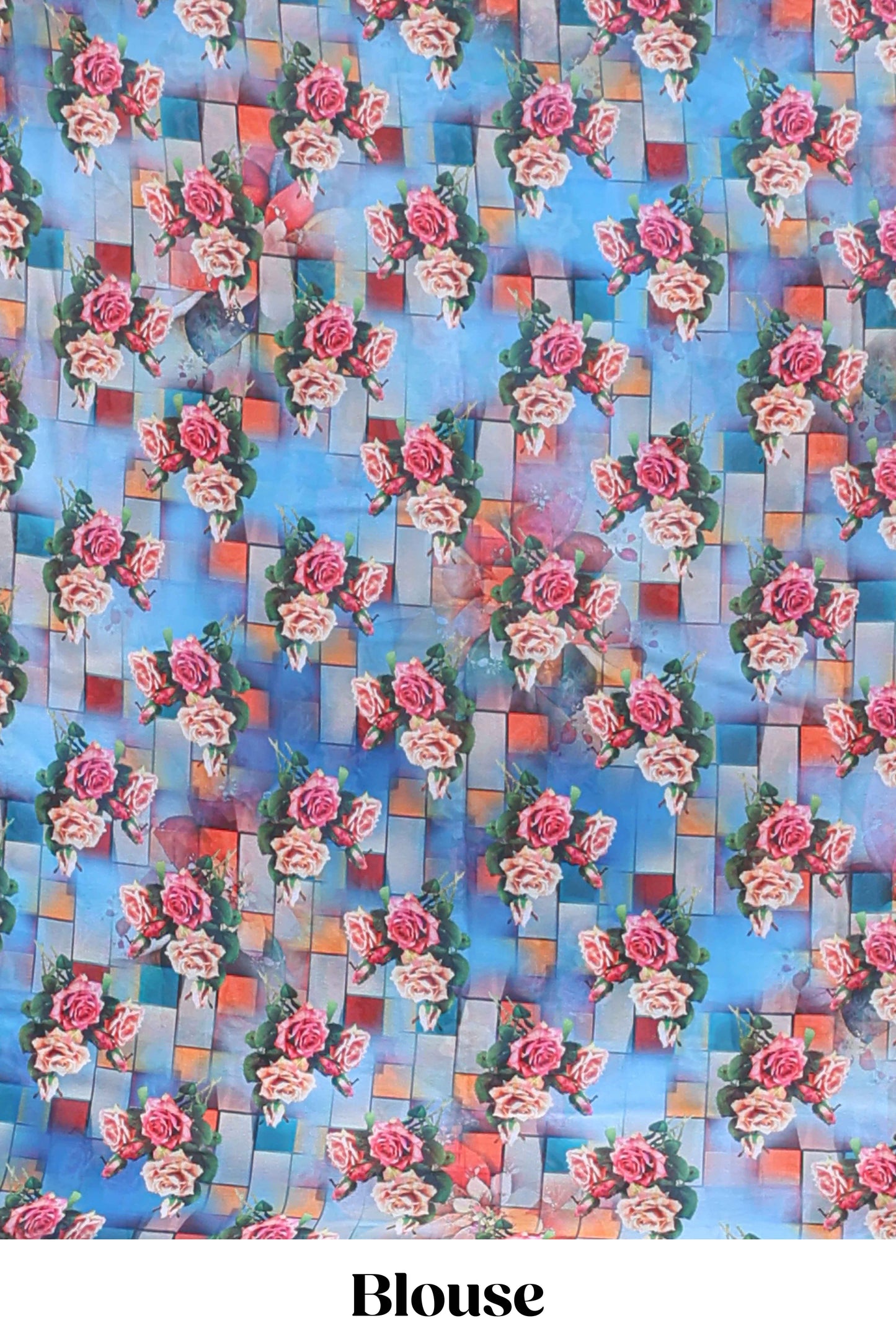 Borderless blue digital floral design georgette saree with matching printed blouse