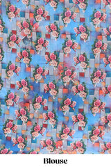 Borderless blue digital floral design georgette saree with matching printed blouse
