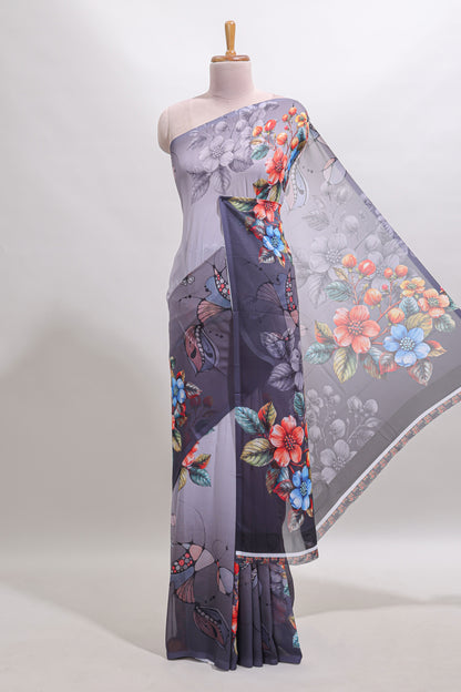 Borderless Grey digital floral design georgette saree with matching printed blouse