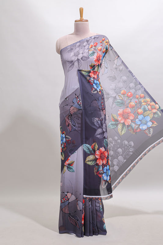 Borderless Grey digital floral design georgette saree with matching printed blouse