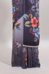 Borderless Grey digital floral design georgette saree with matching printed blouse