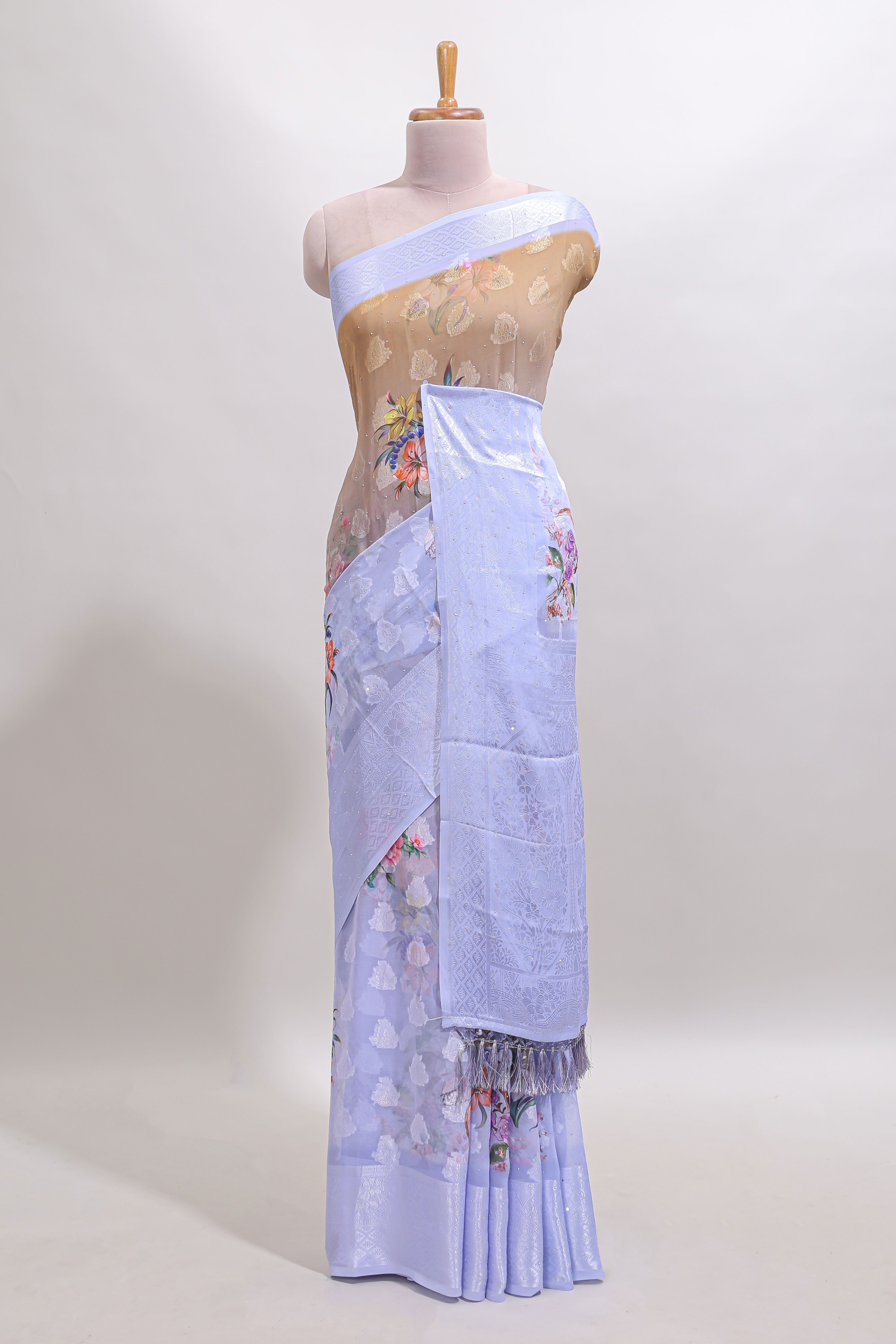Sandal floral design georgette saree with contrast zari border and blouse