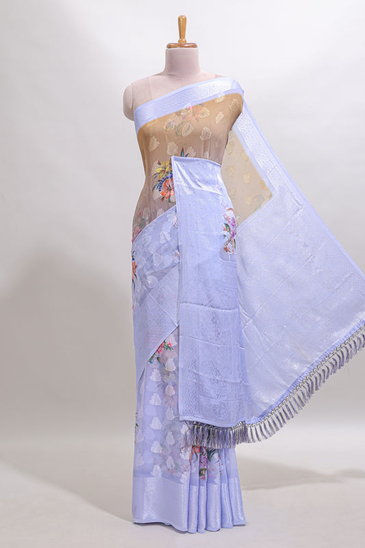 Sandal floral design georgette saree with contrast zari border and blouse