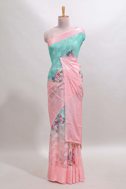 urquiose green and pink dual shade floral design georgette saree with contrast zari border and blouse