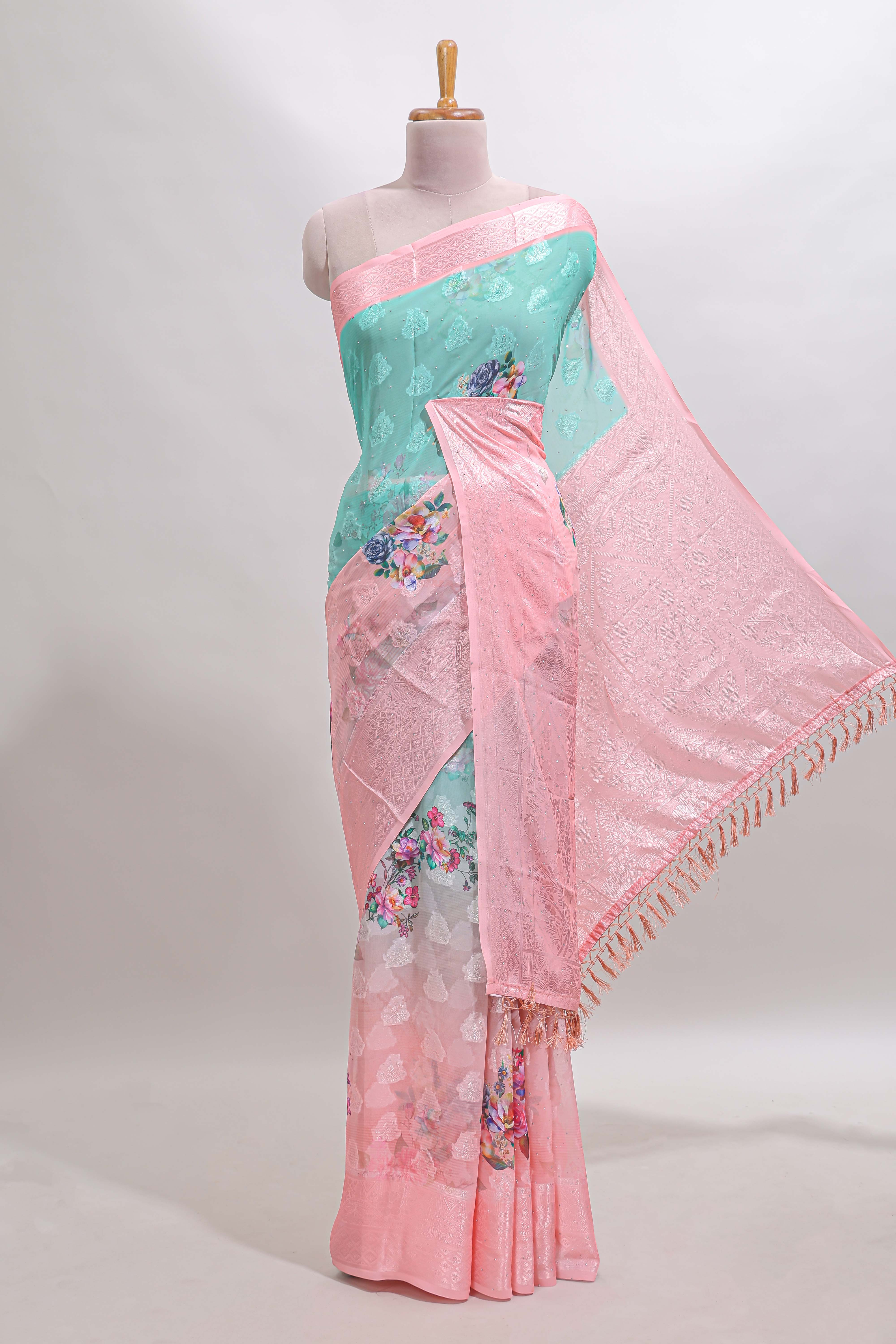 urquiose green and pink dual shade floral design georgette saree with contrast zari border and blouse