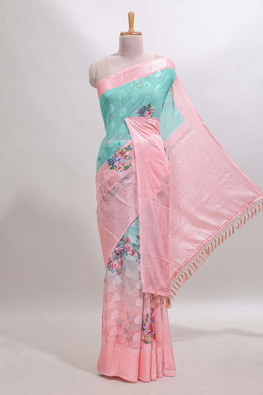 urquiose green and pink dual shade floral design georgette saree with contrast zari border and blouse