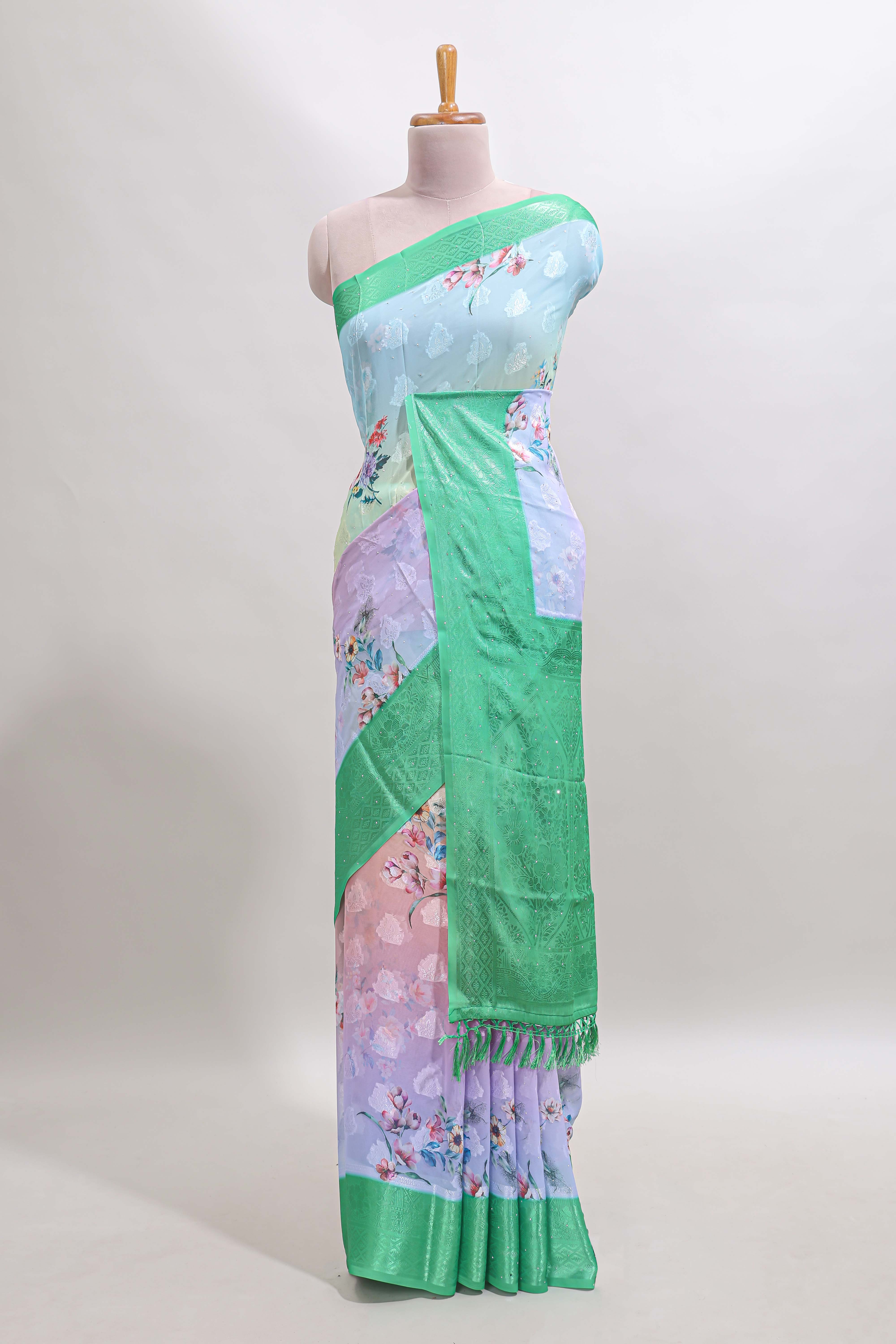 Multi color floral design georgette saree with contrast zari border and blouse