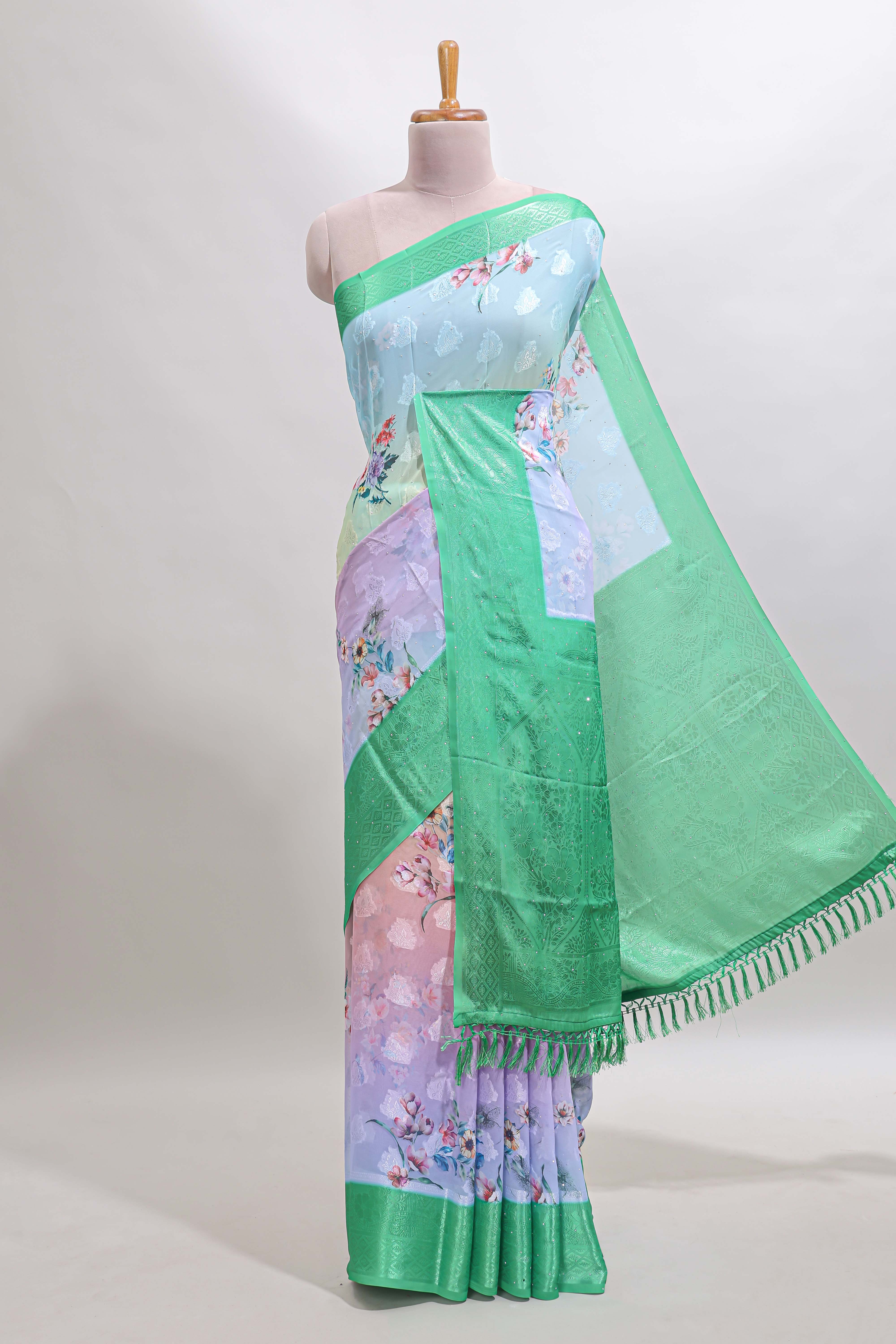 Multi color floral design georgette saree with contrast zari border and blouse
