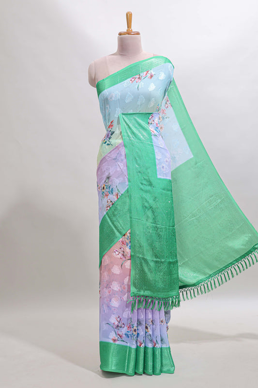 Multi color floral design georgette saree with contrast zari border and blouse