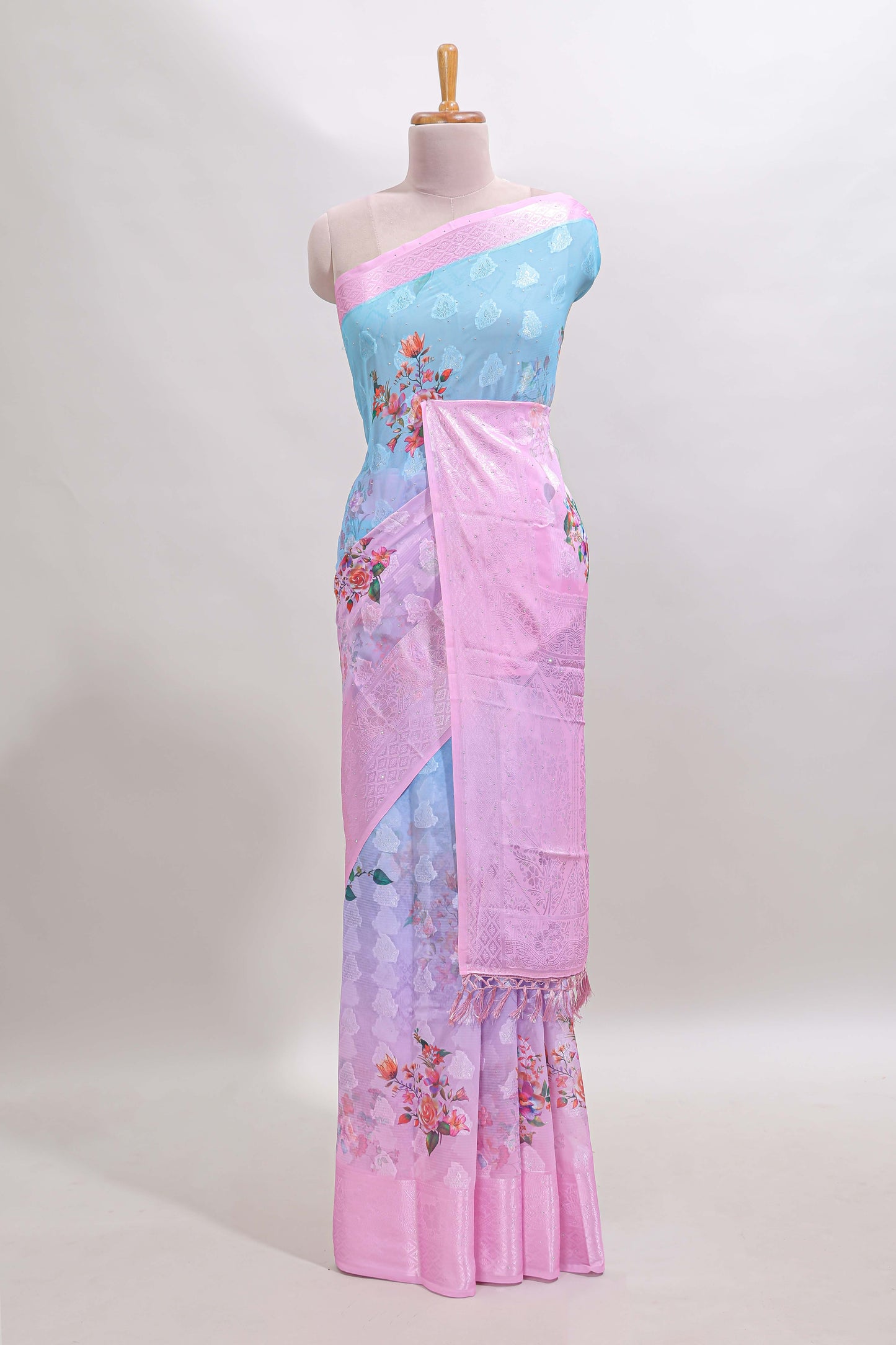 Blue & pink dual shade floral design georgette saree with contrast zari border and blouse