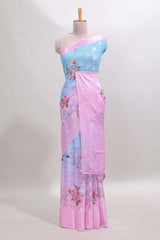 Blue & pink dual shade floral design georgette saree with contrast zari border and blouse