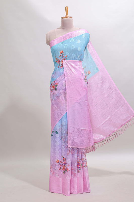 Blue & pink dual shade floral design georgette saree with contrast zari border and blouse