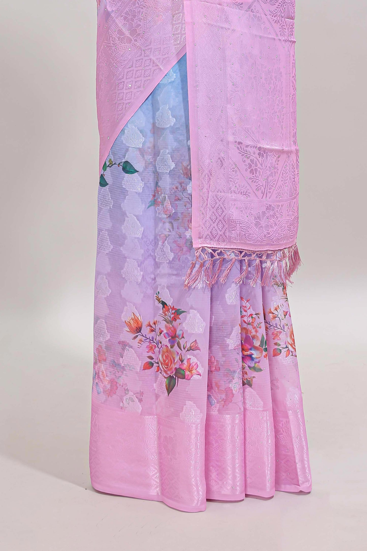 Blue & pink dual shade floral design georgette saree with contrast zari border and blouse
