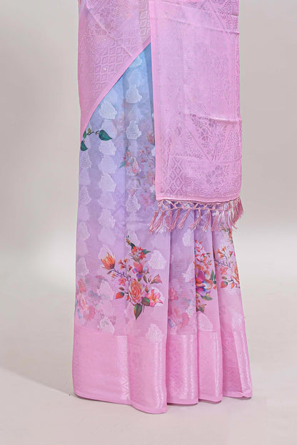 Blue & pink dual shade floral design georgette saree with contrast zari border and blouse