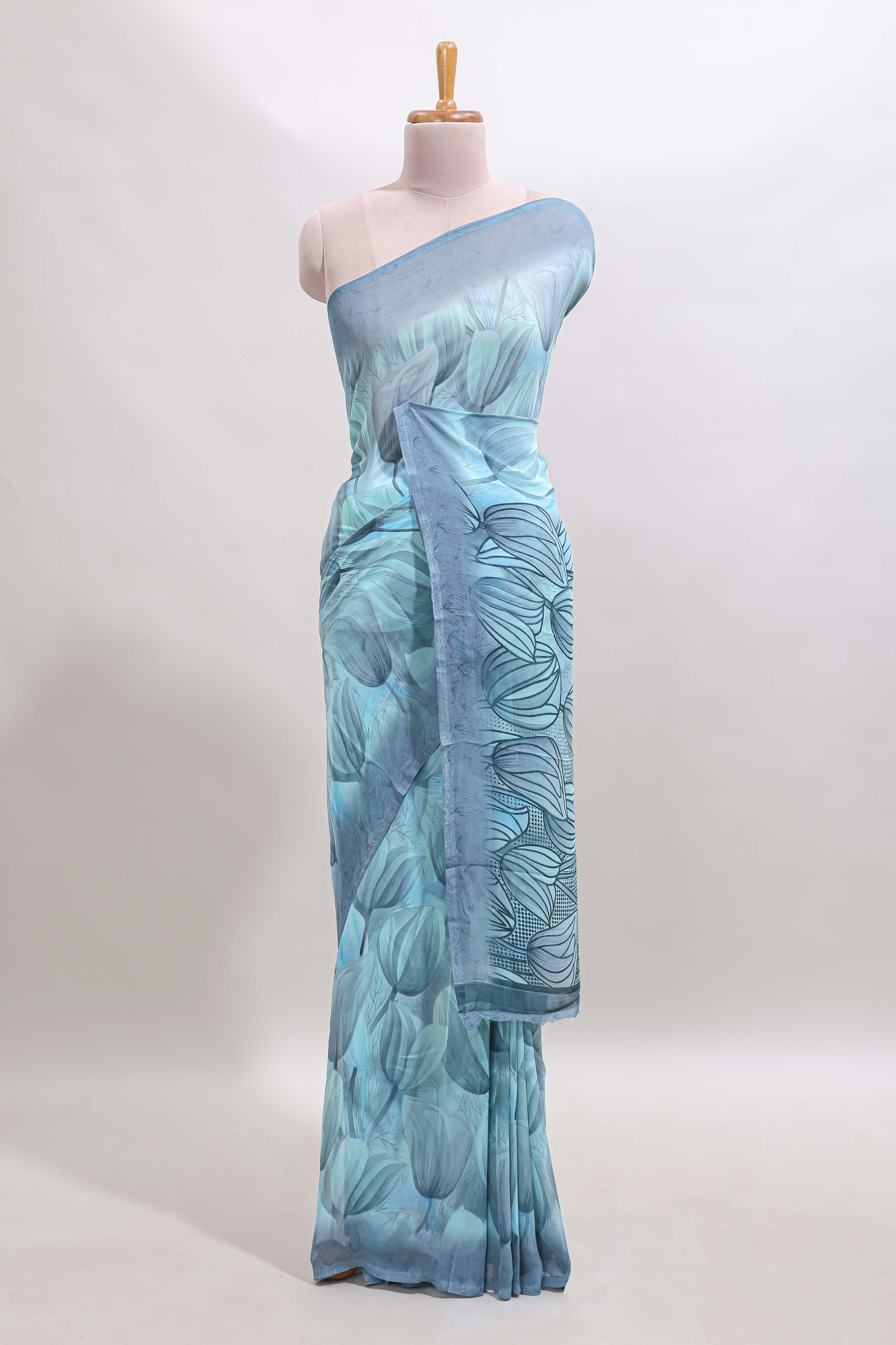 Blue floral design georgette saree with self border and matching blouse